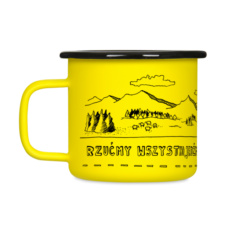 Kubek emaliowany retro - Rzućmy wszystko, jedźmy w góry - ŻÓŁTY