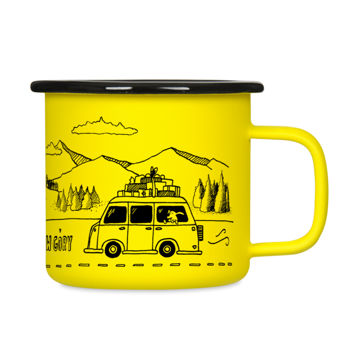 Kubek emaliowany retro - Rzućmy wszystko, jedźmy w góry - ŻÓŁTY