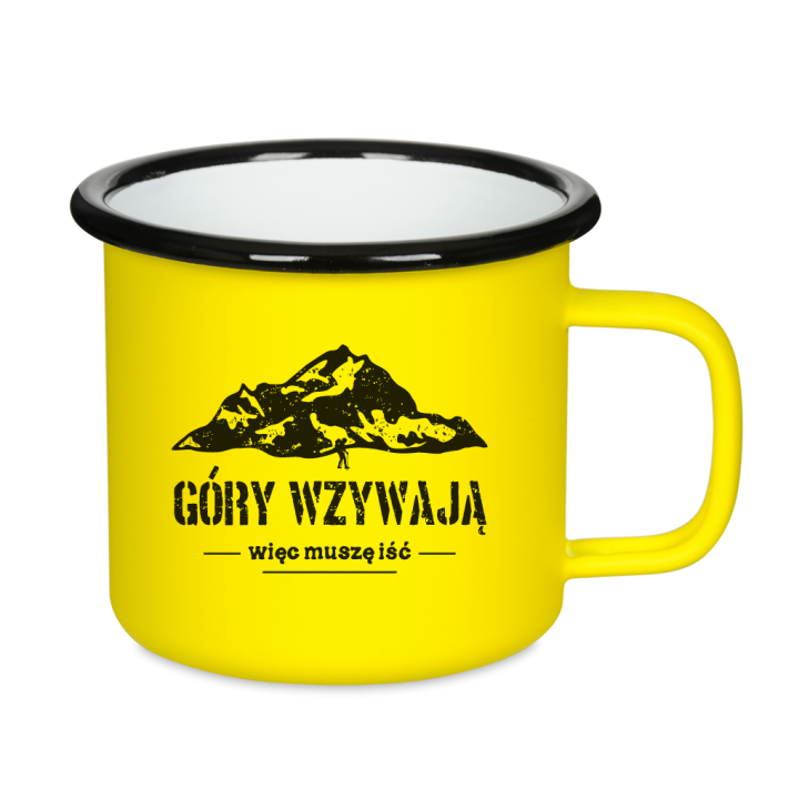 Kubek emaliowany retro - Góry wzywają, więc muszę iść - ŻÓŁTY