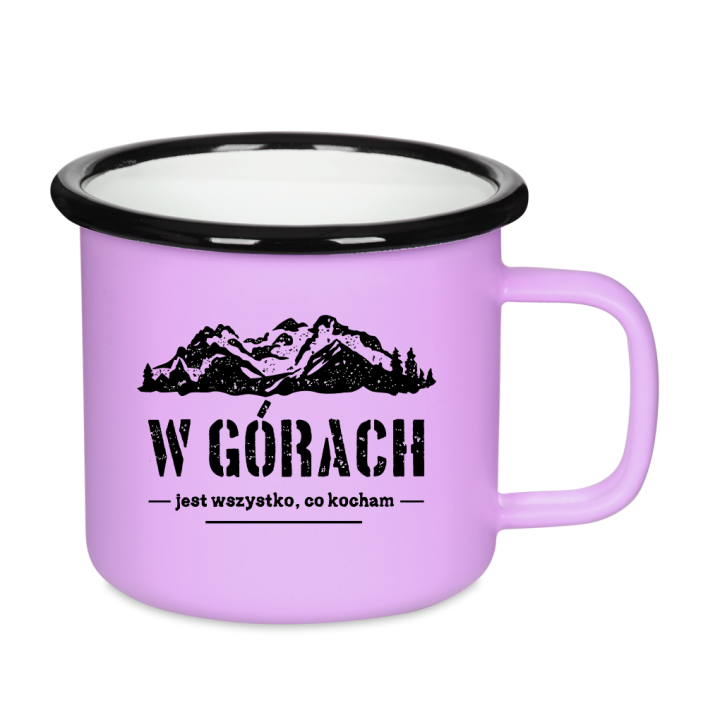 Kubek emaliowany retro - W górach jest wszystko, co kocham - FIOLETOWY