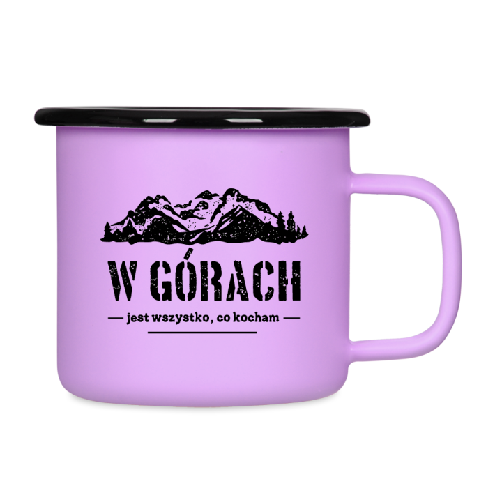Kubek emaliowany retro - W górach jest wszystko, co kocham - FIOLETOWY