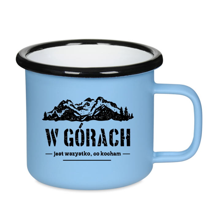 Kubek emaliowany retro - W górach jest wszystko, co kocham - NIEBIESKI
