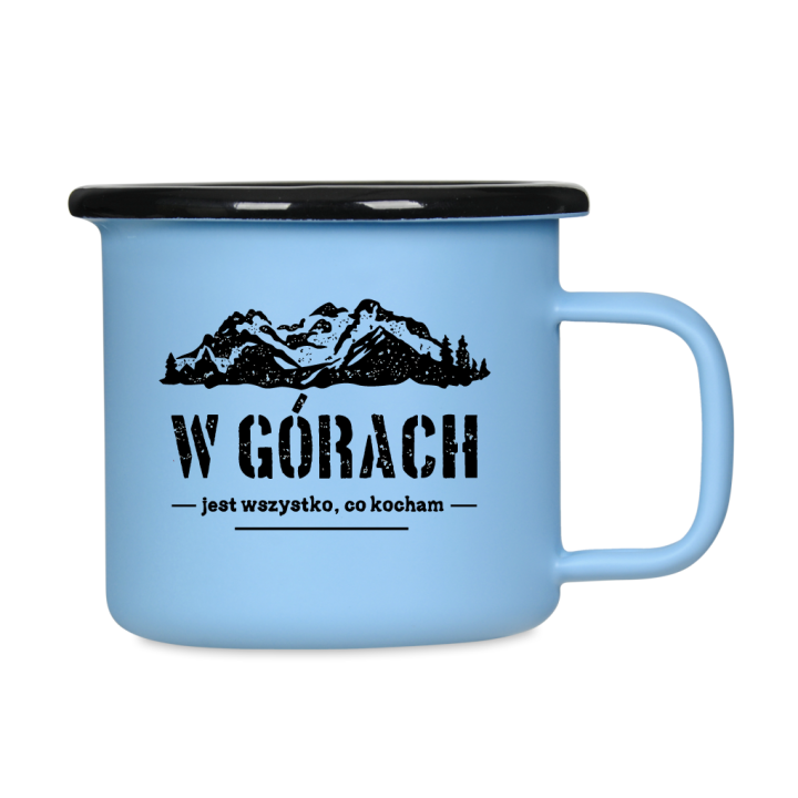 Kubek emaliowany retro - W górach jest wszystko, co kocham - NIEBIESKI