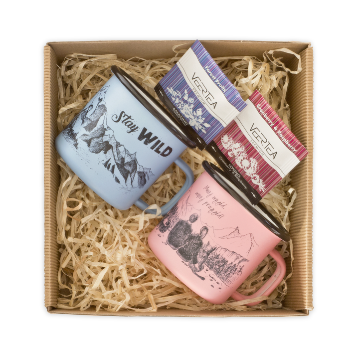 Zestaw prezentowy - 2 kubki emaliowane retro i herbatka