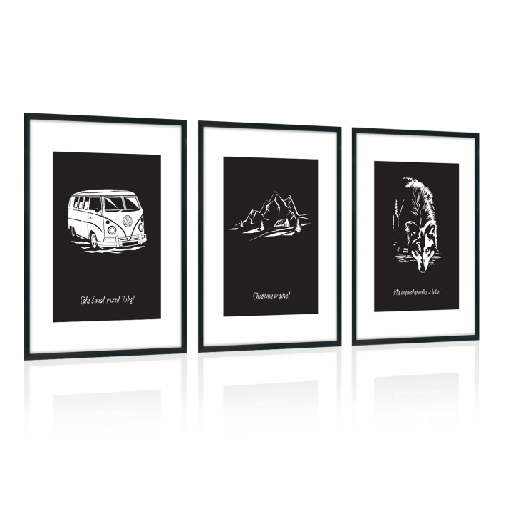 Zestaw 3 plakatów - Kamper, Góry, Wilk - Tryptyk