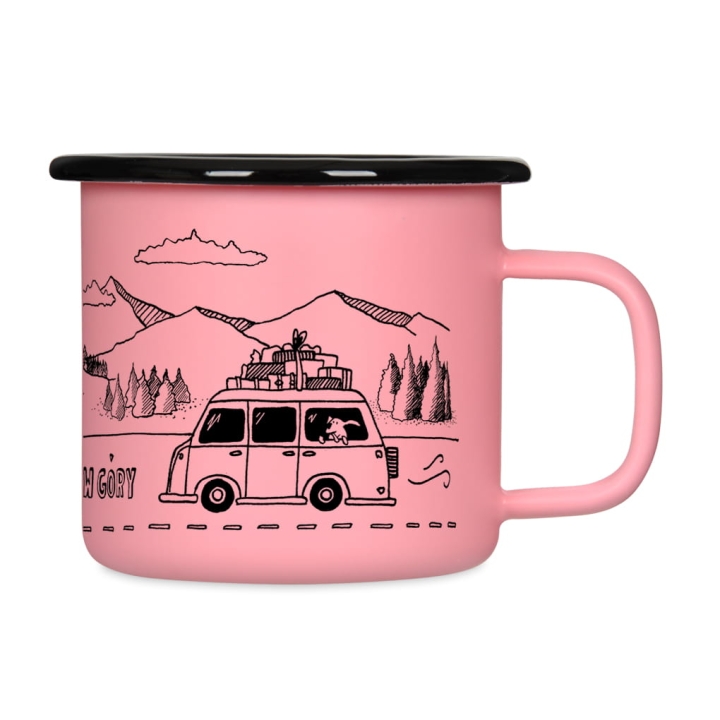 Kubek emaliowany retro - Rzućmy wszystko, jedźmy w góry - RÓŻOWY