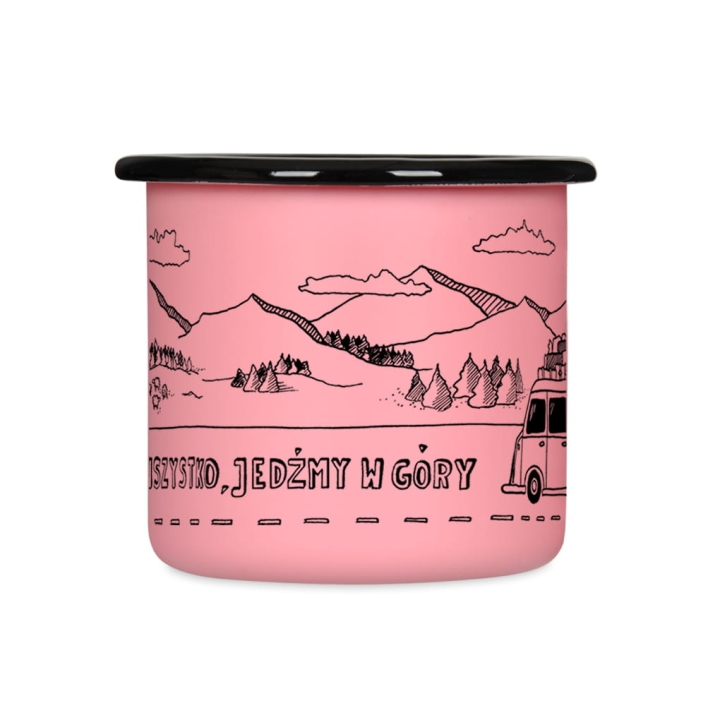 Kubek emaliowany retro - Rzućmy wszystko, jedźmy w góry - RÓŻOWY