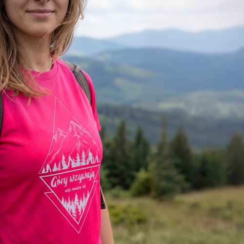 Koszulka turystyczna unisex - Góry wzywają więc muszę iść - NEONOWY RÓŻ