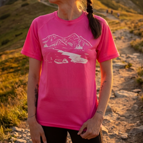 Koszulka trekkingowa damska unisex - Zew gór - NEONOWY RÓŻ