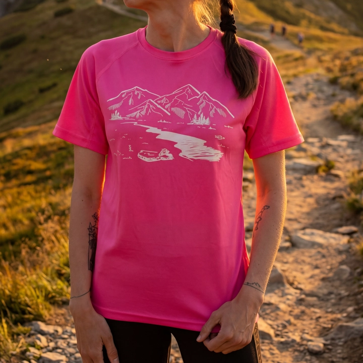 Koszulka trekkingowa damska unisex - Zew gór - NEONOWY RÓŻ