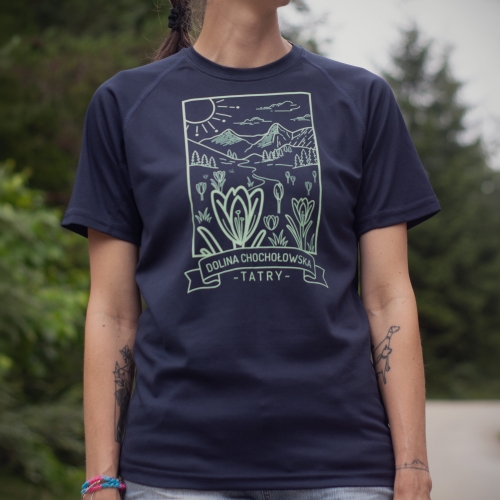 Koszulka turystyczna damska regular fit - Dolina Chochołowska - GRANATOWA