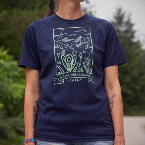 Koszulka turystyczna damska regular fit - Dolina Chochołowska - GRANATOWA